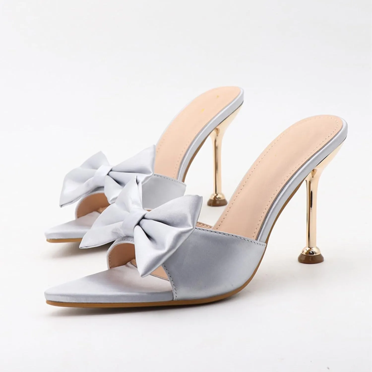 Women's Satin Pointed Open Toe Heel Sexy and Stylish Bow Slip On Stiletto High Wedge Mule Comfortable Wedding Bridal Party Dress Shoes