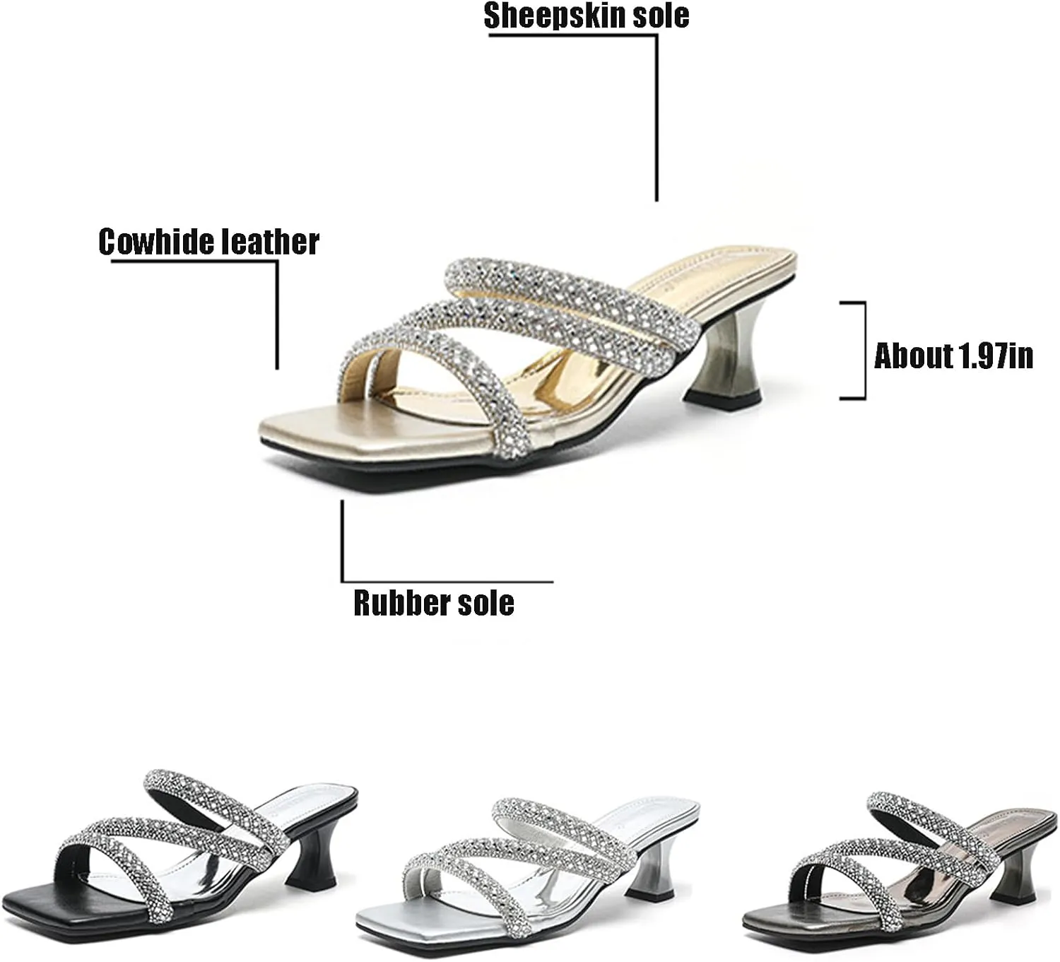 Women's Sexy Strappy Rhinestone Kitten Heel Sandals Square Open Toe Slip On Mid Heel Dress Slide Sandals Summer Daily Date Slippers