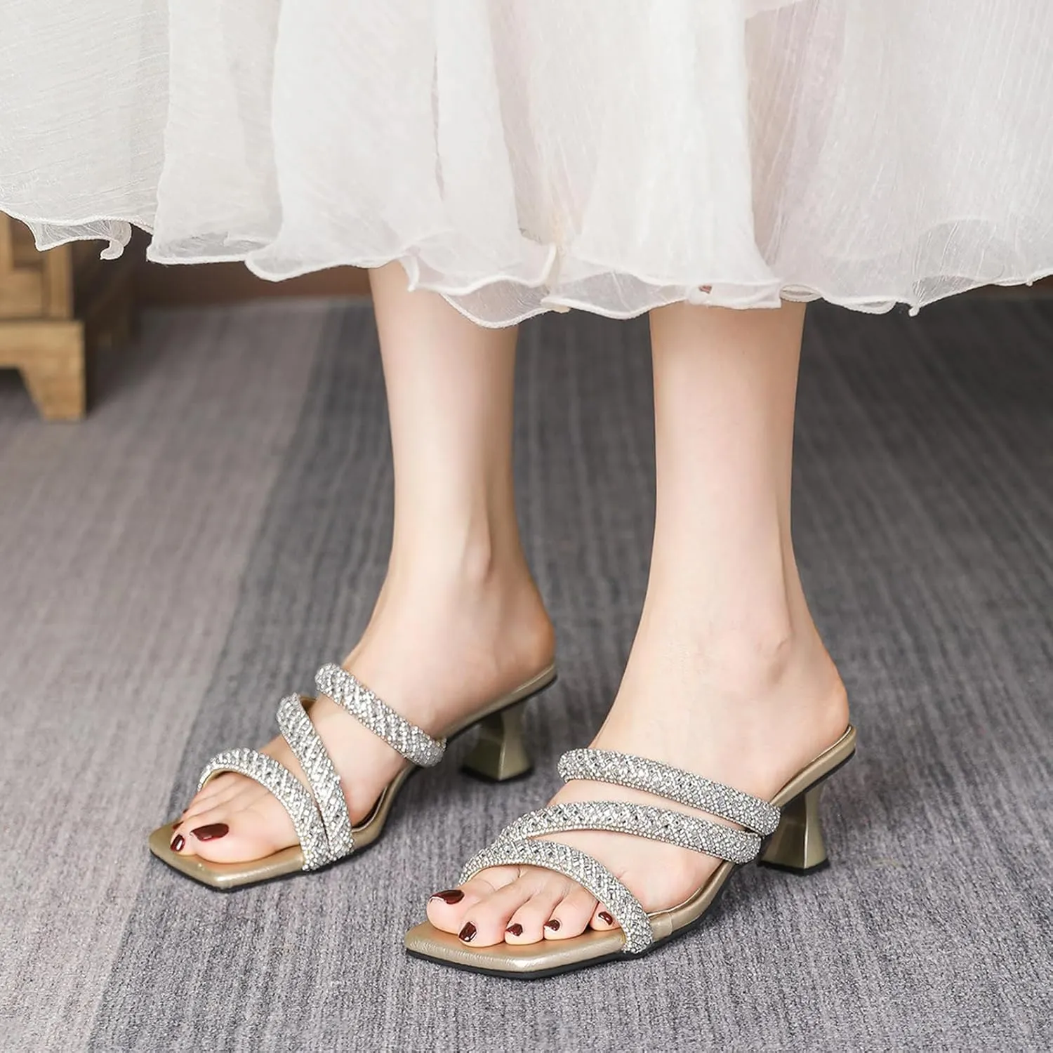 Women's Sexy Strappy Rhinestone Kitten Heel Sandals Square Open Toe Slip On Mid Heel Dress Slide Sandals Summer Daily Date Slippers
