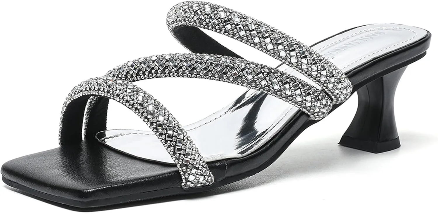 Women's Sexy Strappy Rhinestone Kitten Heel Sandals Square Open Toe Slip On Mid Heel Dress Slide Sandals Summer Daily Date Slippers