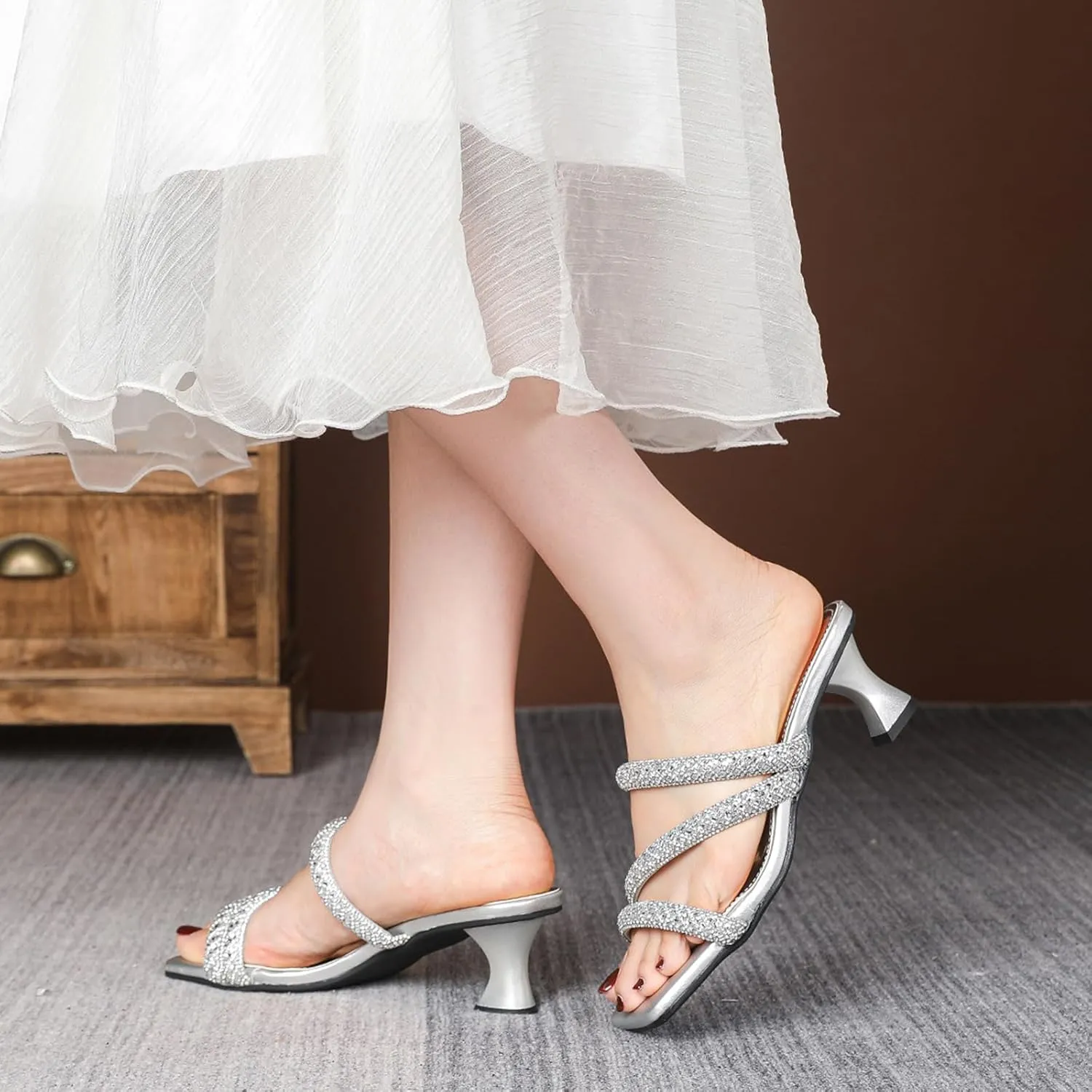 Women's Sexy Strappy Rhinestone Kitten Heel Sandals Square Open Toe Slip On Mid Heel Dress Slide Sandals Summer Daily Date Slippers