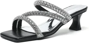 Women's Sexy Strappy Rhinestone Kitten Heel Sandals Square Open Toe Slip On Mid Heel Dress Slide Sandals Summer Daily Date Slippers