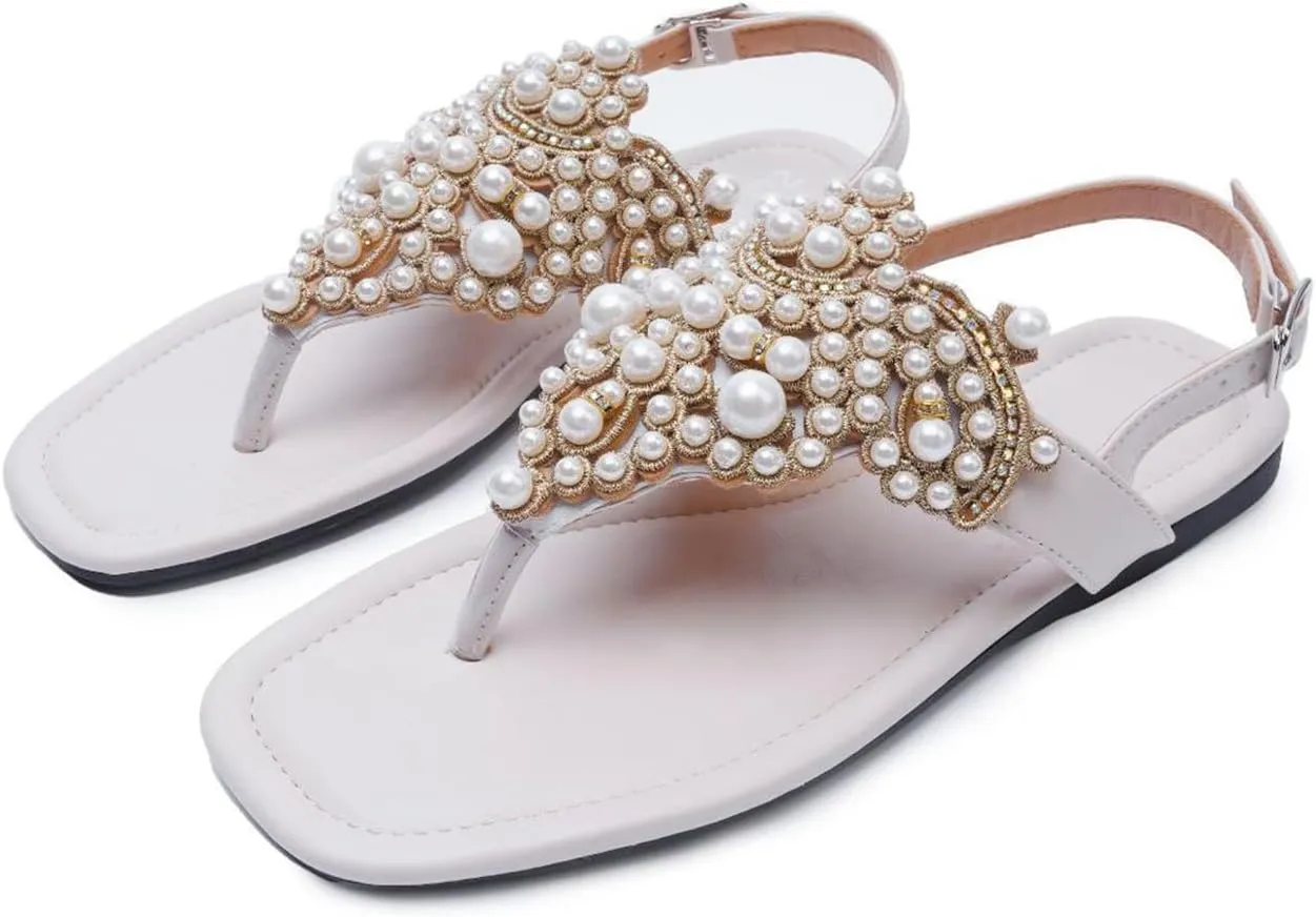 Women's Sparkle Pearl Flat T-Strap Thong Bohemian Sandals Adjust Ankle Strap Summer Fashion Comfort Slip-On Square Open Toe Flip Flops Sandals for Beach Party Prom