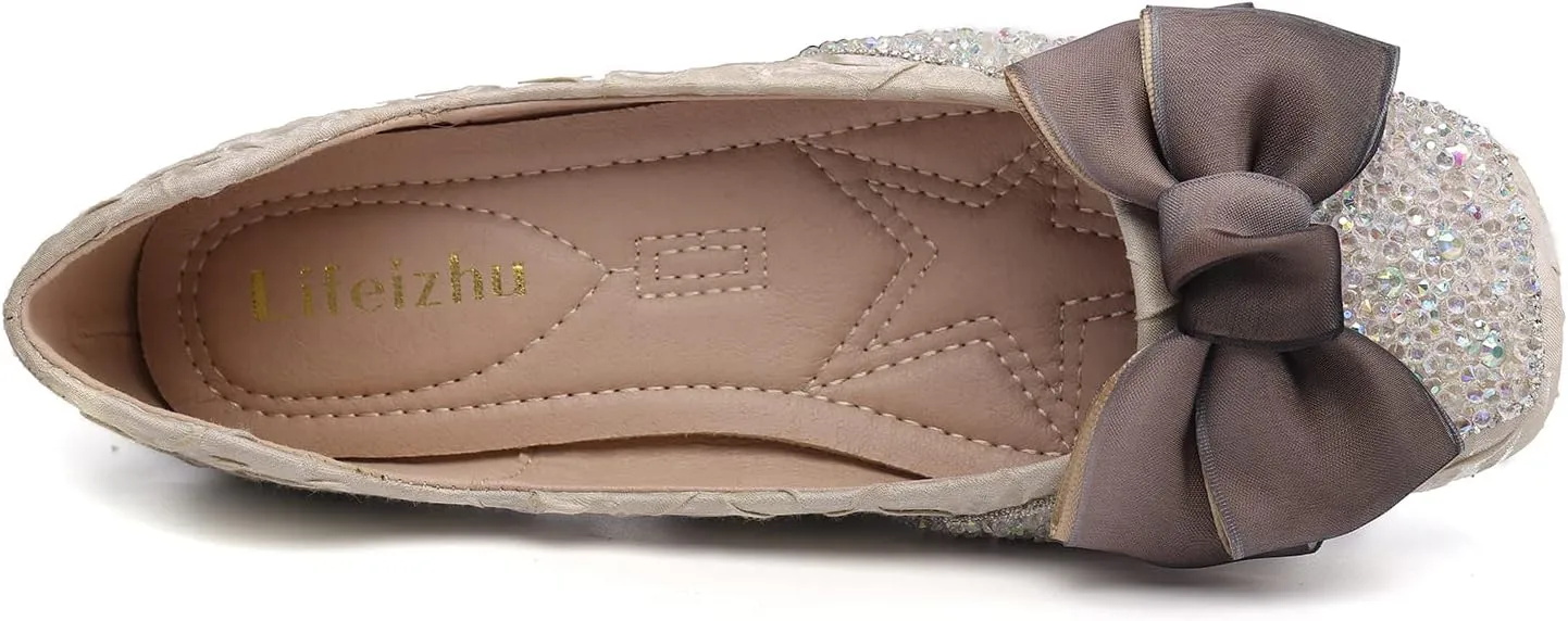 Womens Square Toe Flats Bow-Knot Low Heel Dress Shoes Rhinestone Ballet Flats Memory Foam Insole Slip on Dressy Comfortable for Women