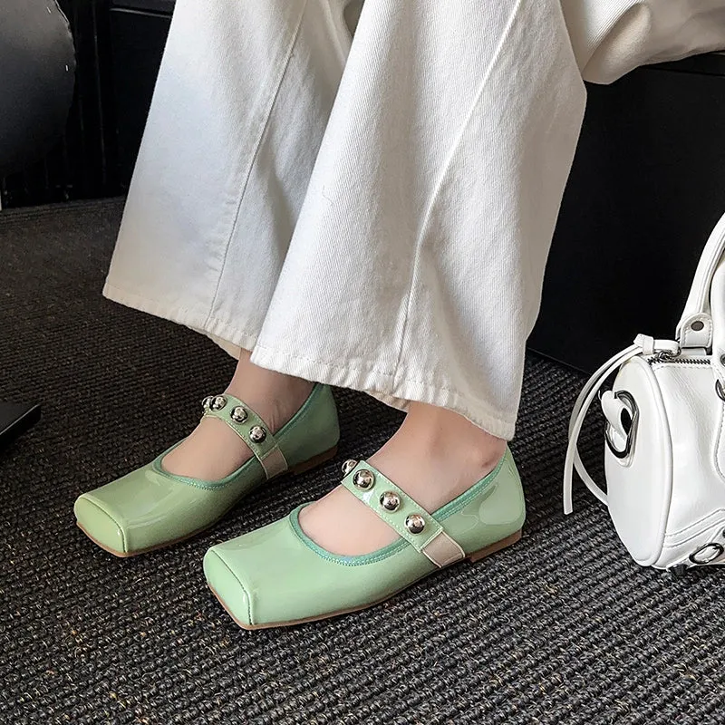 Women's Stylish Sheepskin Square Toe Slip On Flat Ballet Shoes