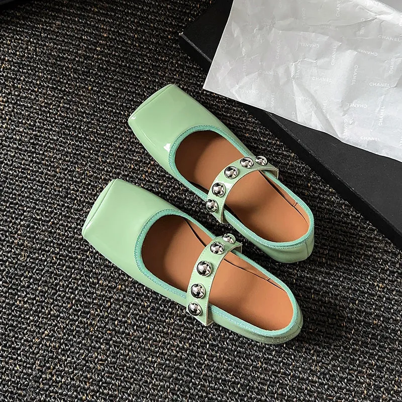 Women's Stylish Sheepskin Square Toe Slip On Flat Ballet Shoes