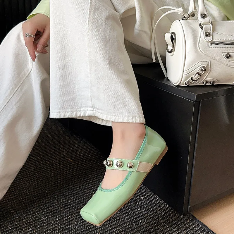 Women's Stylish Sheepskin Square Toe Slip On Flat Ballet Shoes