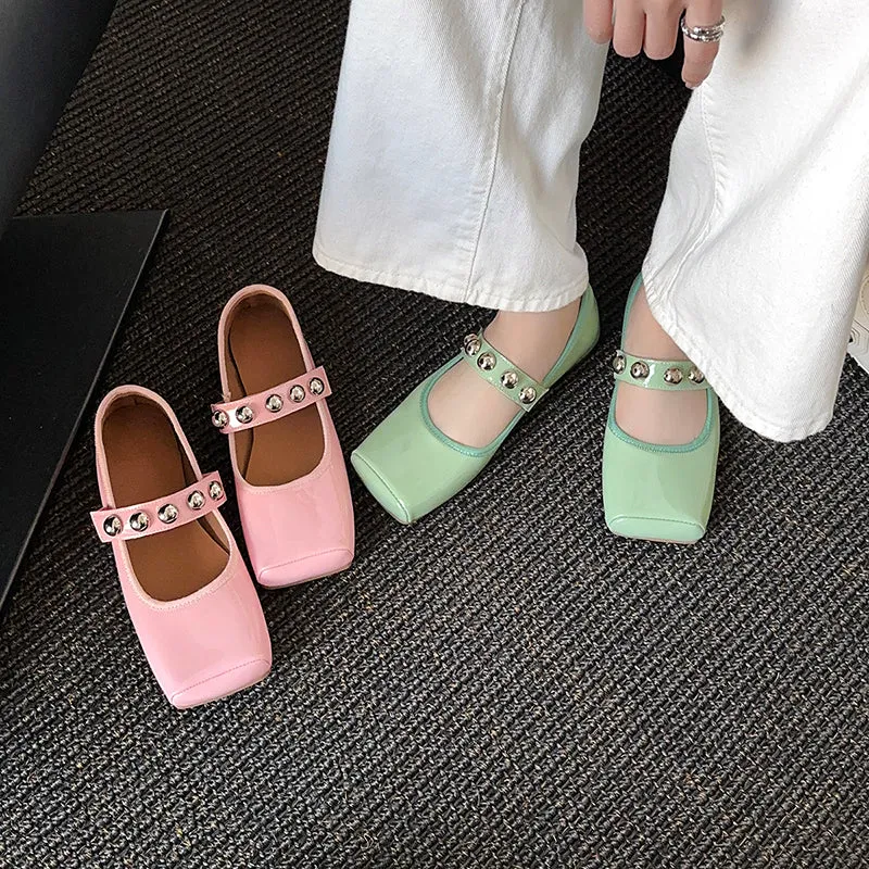 Women's Stylish Sheepskin Square Toe Slip On Flat Ballet Shoes
