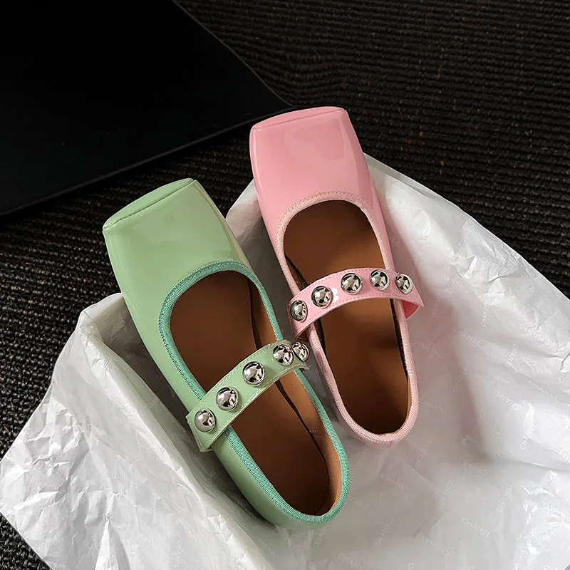 Women's Stylish Sheepskin Square Toe Slip On Flat Ballet Shoes