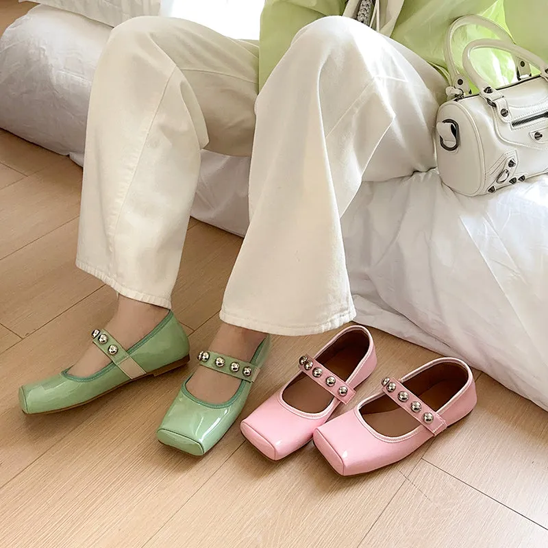 Women's Stylish Sheepskin Square Toe Slip On Flat Ballet Shoes