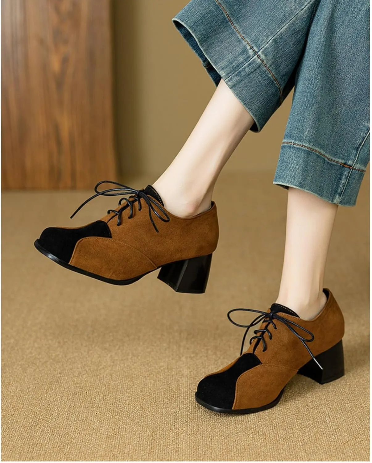 Women's Suede Square Toe Closed Lace Up Chunky Heels Block Oxfords Shoes Fashion Patchwork Casual Work Office Outdoor Walking Dress Pumps