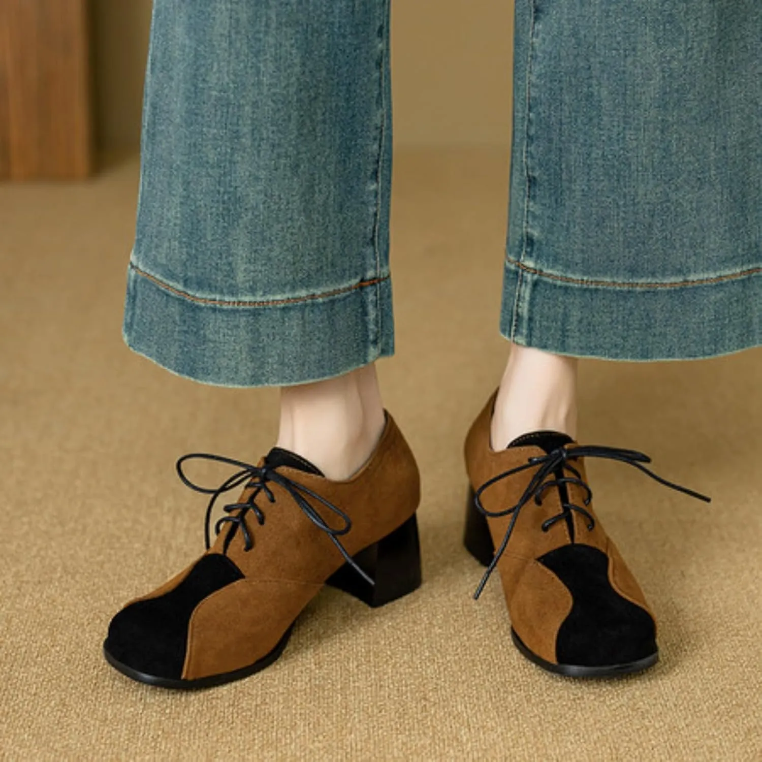 Women's Suede Square Toe Closed Lace Up Chunky Heels Block Oxfords Shoes Fashion Patchwork Casual Work Office Outdoor Walking Dress Pumps