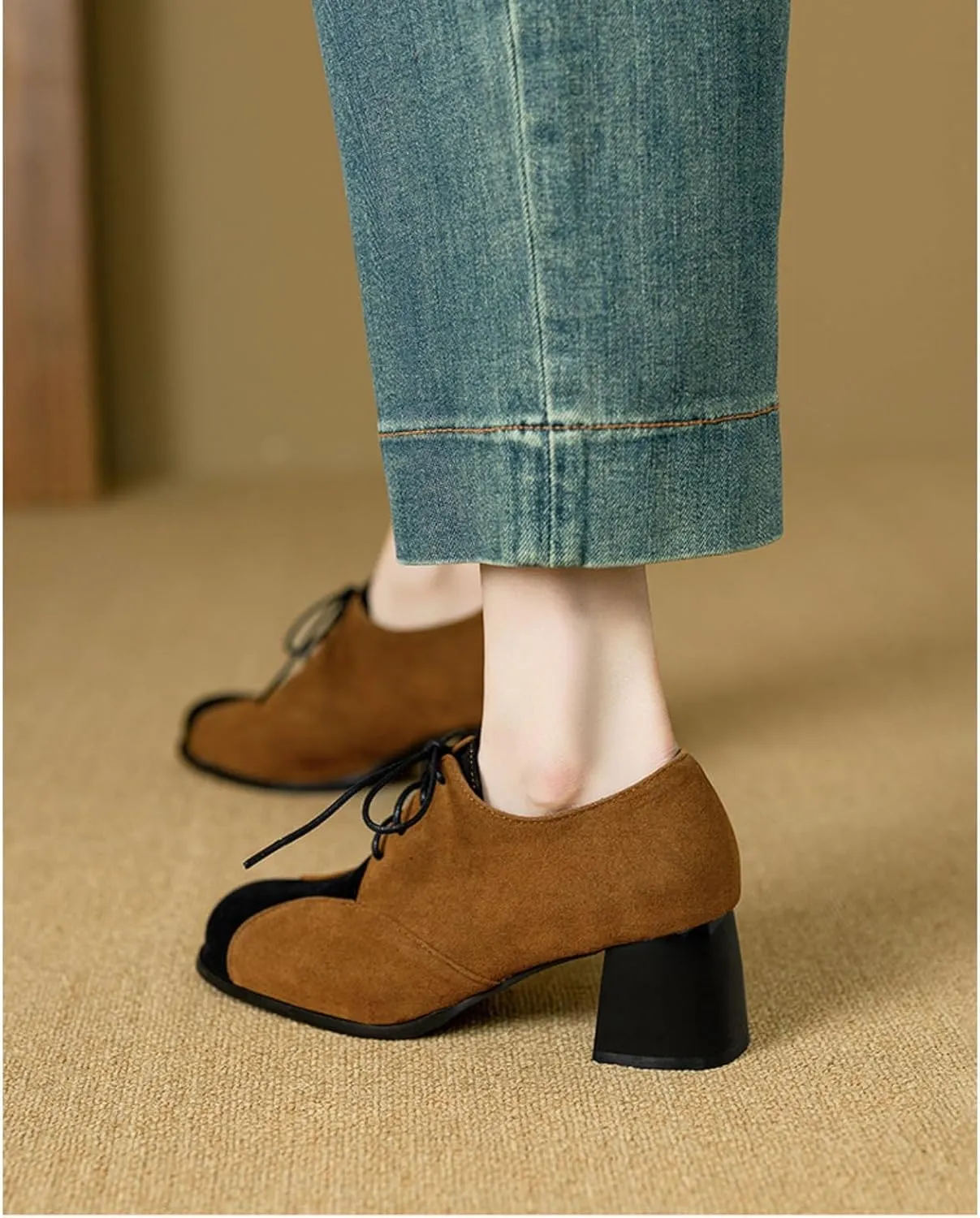 Women's Suede Square Toe Closed Lace Up Chunky Heels Block Oxfords Shoes Fashion Patchwork Casual Work Office Outdoor Walking Dress Pumps