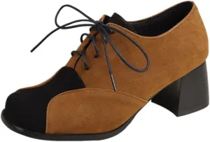 Women's Suede Square Toe Closed Lace Up Chunky Heels Block Oxfords Shoes Fashion Patchwork Casual Work Office Outdoor Walking Dress Pumps