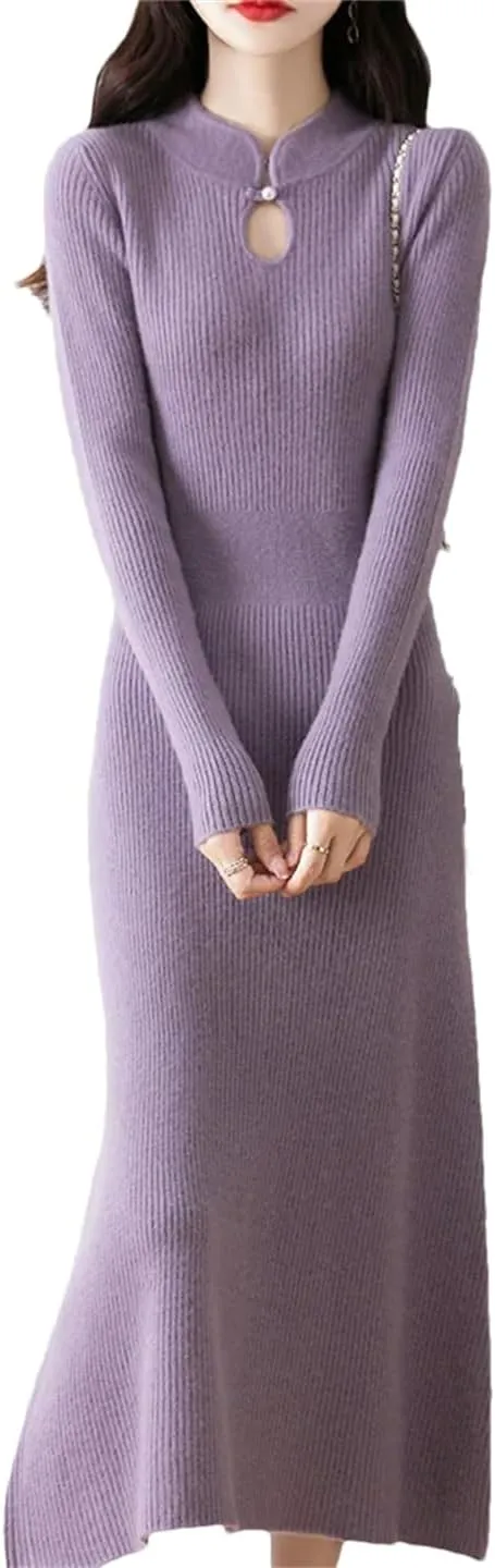 Women’S Vintage Wool Pullover Dress with Hole Detail Mid-Calf A-Line Knit Skirt for Casual Sweater Dresses