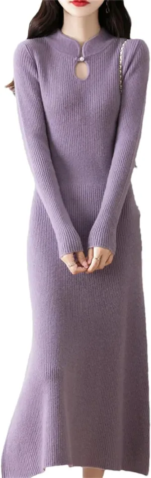 Women’S Vintage Wool Pullover Dress with Hole Detail Mid-Calf A-Line Knit Skirt for Casual Sweater Dresses