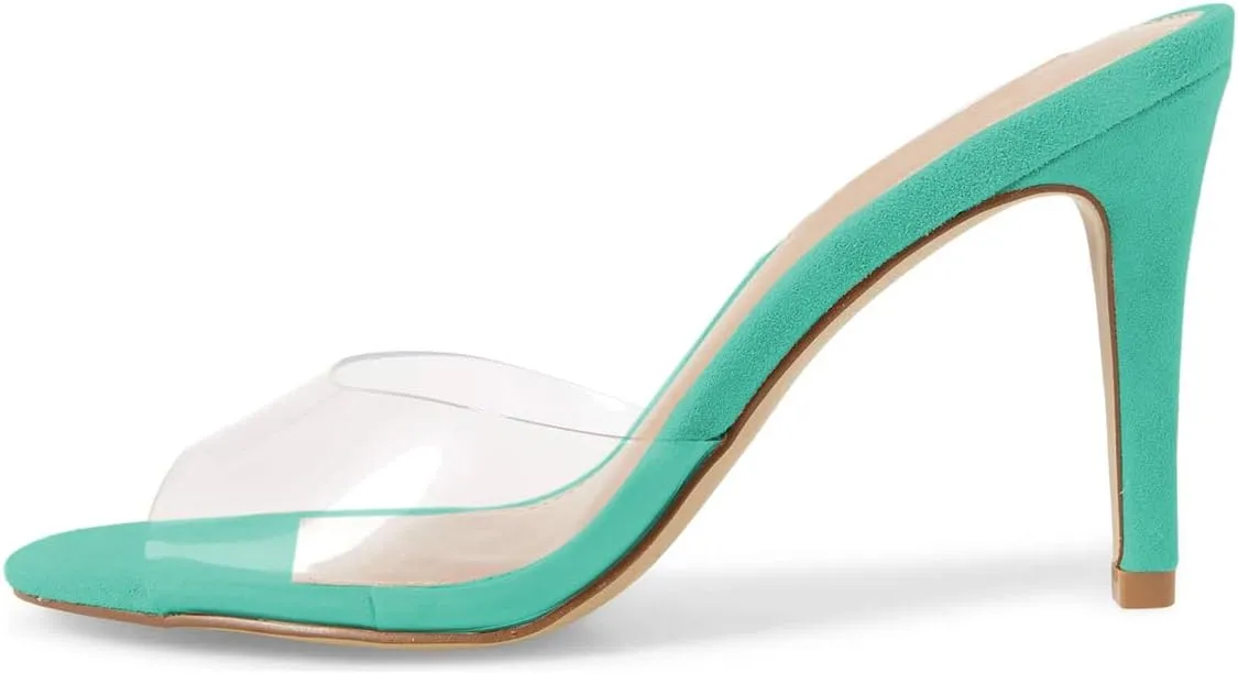 XYD Women Clear PVC Peep Toe Thin High Heel Slide Mules Slip On Transparent Dress Sandals
