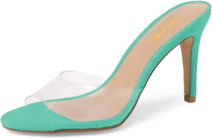 XYD Women Clear PVC Peep Toe Thin High Heel Slide Mules Slip On Transparent Dress Sandals