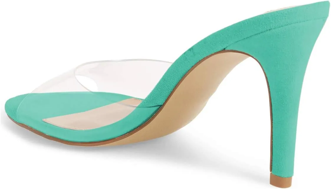 XYD Women Clear PVC Peep Toe Thin High Heel Slide Mules Slip On Transparent Dress Sandals