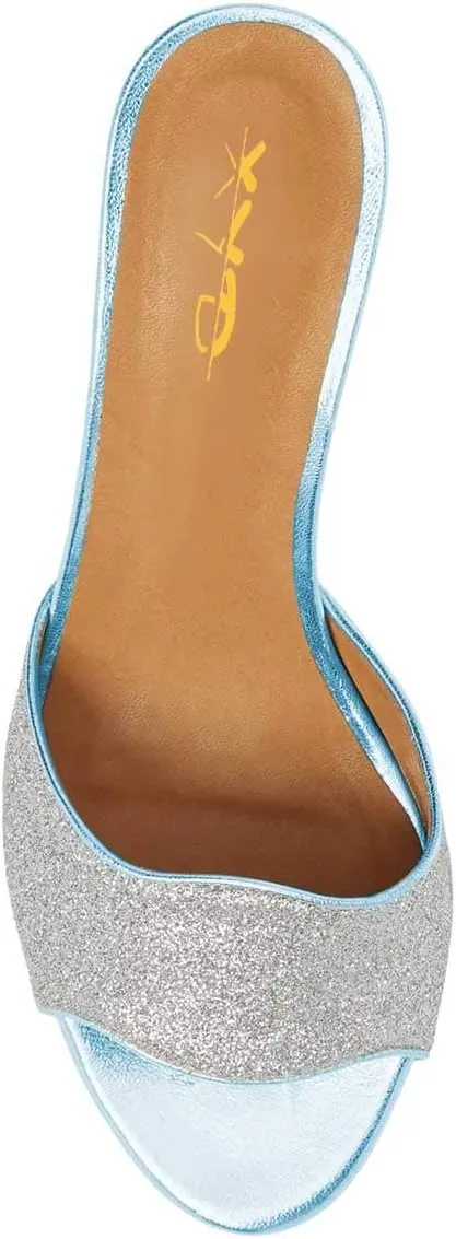 XYD Women Trendy Open Toe Mid Heel Mules Slip On Sandals Glitter Dress Slide Slippers