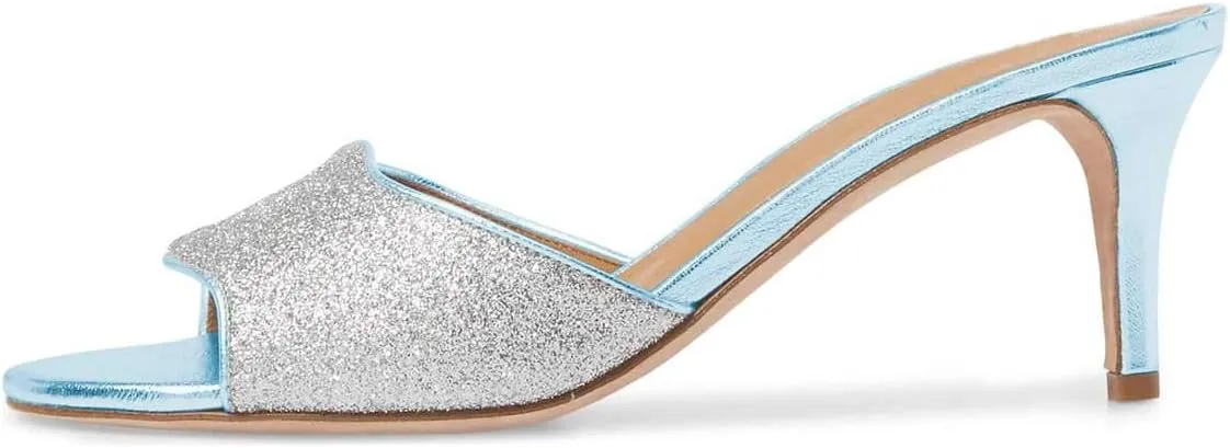 XYD Women Trendy Open Toe Mid Heel Mules Slip On Sandals Glitter Dress Slide Slippers