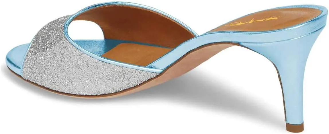 XYD Women Trendy Open Toe Mid Heel Mules Slip On Sandals Glitter Dress Slide Slippers
