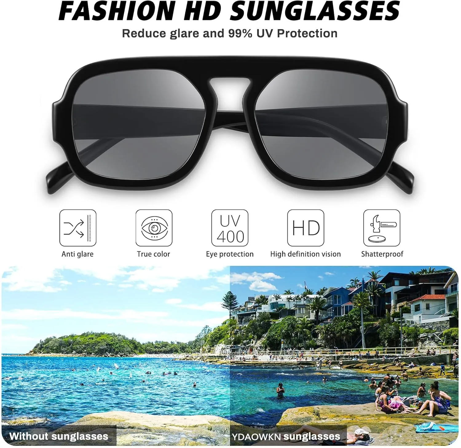 YDAOWKN Trendy Square Aviator Sunglasses for Women Men Retro Flat Top Frame Single Bridge Sun Glasses Vintage Shades