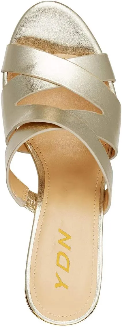 YDN Women Strappy Peep Toe Sandals Wedge High Heels Slip On Mules Cut Out Slide Party Evening Elastic Shoes