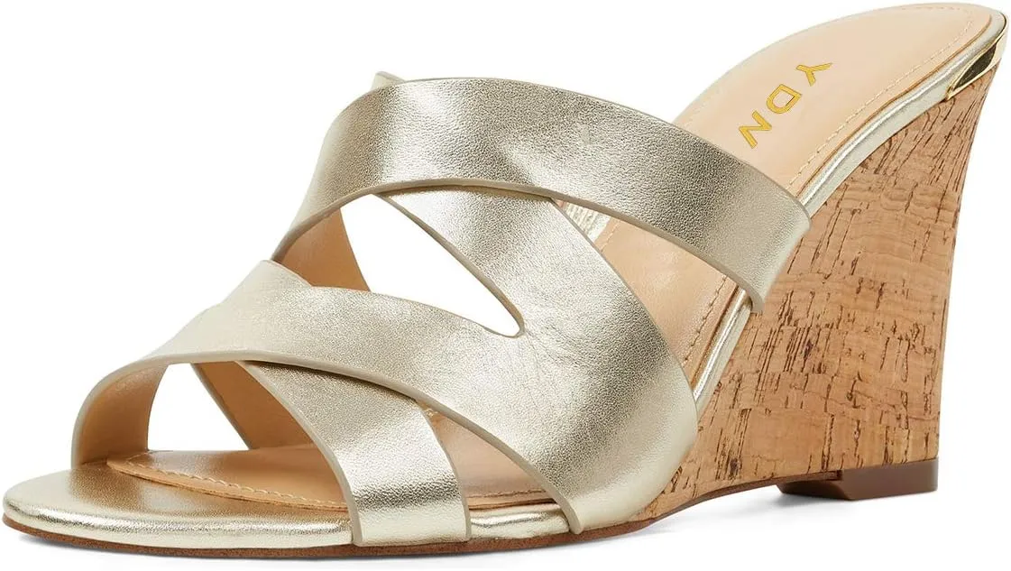 YDN Women Strappy Peep Toe Sandals Wedge High Heels Slip On Mules Cut Out Slide Party Evening Elastic Shoes