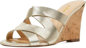 YDN Women Strappy Peep Toe Sandals Wedge High Heels Slip On Mules Cut Out Slide Party Evening Elastic Shoes