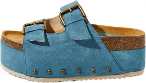 Yishaweiqi Women's Suede Platform Sandals Comfortable Cork Footbed Studded Flatform Sandals Adjustable Buckle Straps Flat Clogs Slide Sandals