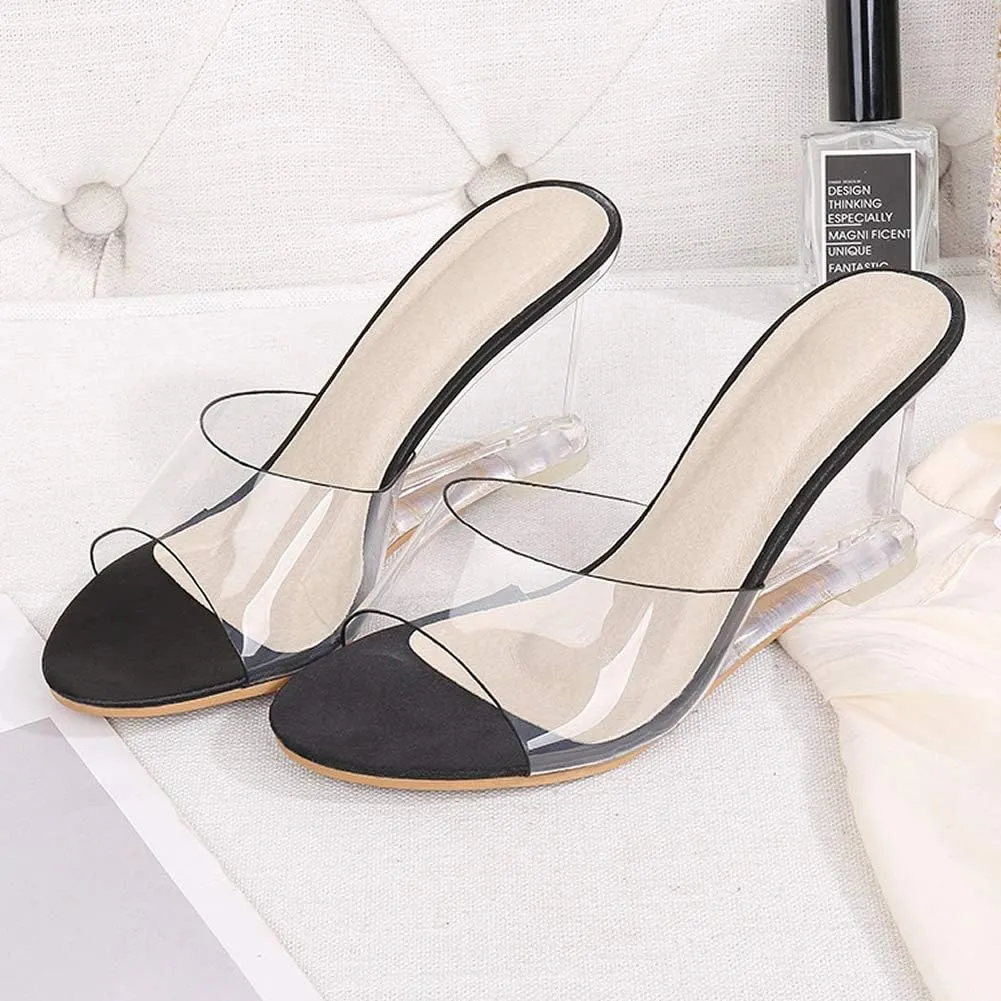 YIYA Women's Clear Wedge Sandals Transparent Open Toe Slip On Mule Lucite Heel Slide Dress Shoes