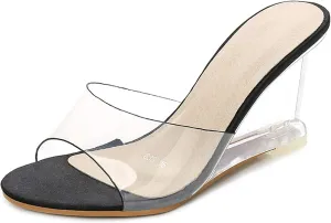 YIYA Women's Clear Wedge Sandals Transparent Open Toe Slip On Mule Lucite Heel Slide Dress Shoes