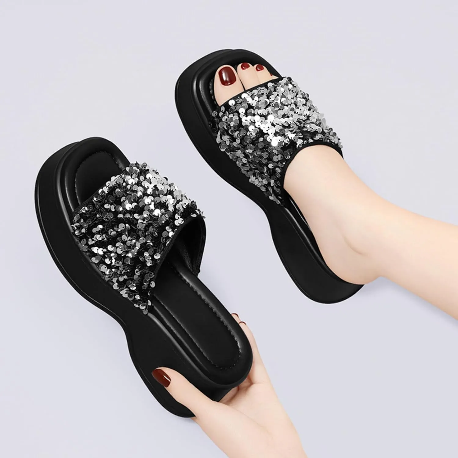 Zeberfi Women's Sequin Glitter Platforms Slide Sandals Fashion Sparkle Open Round Toe Slip on Slippers Summer Daily Casual Sandals