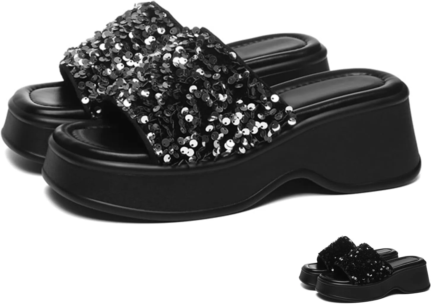 Zeberfi Women's Sequin Glitter Platforms Slide Sandals Fashion Sparkle Open Round Toe Slip on Slippers Summer Daily Casual Sandals