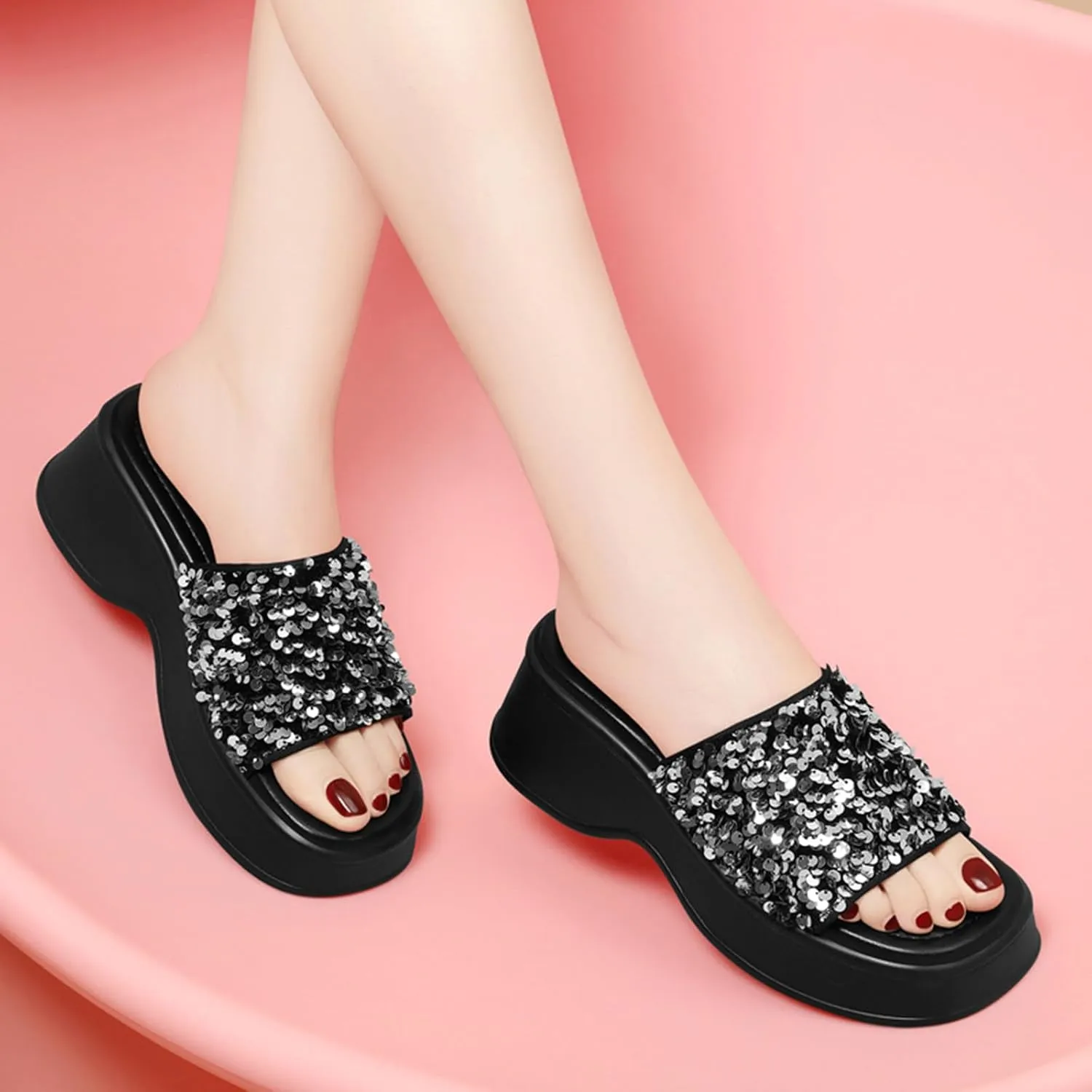 Zeberfi Women's Sequin Glitter Platforms Slide Sandals Fashion Sparkle Open Round Toe Slip on Slippers Summer Daily Casual Sandals