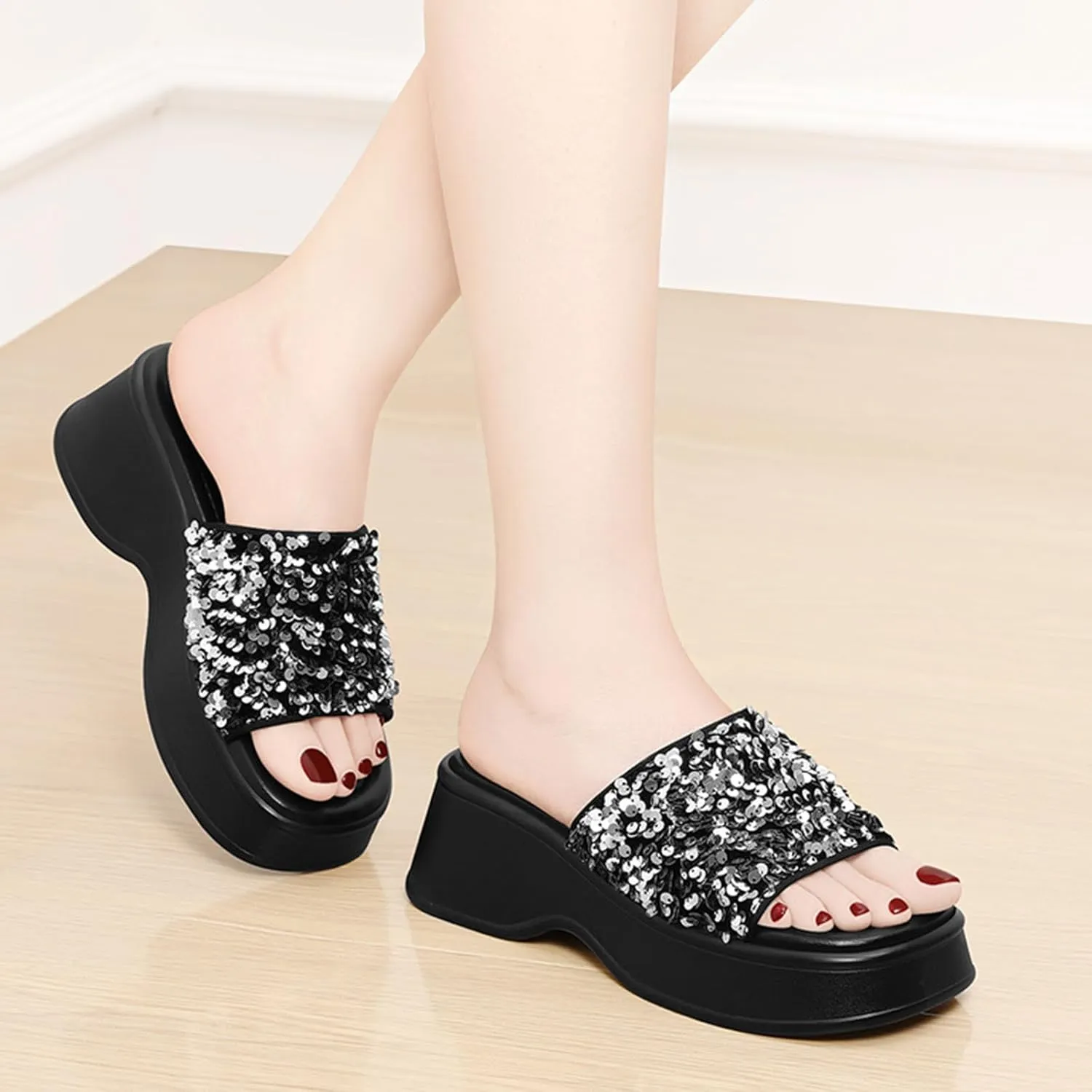 Zeberfi Women's Sequin Glitter Platforms Slide Sandals Fashion Sparkle Open Round Toe Slip on Slippers Summer Daily Casual Sandals