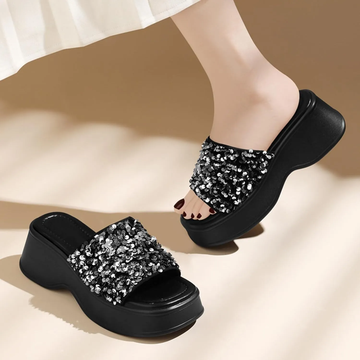 Zeberfi Women's Sequin Glitter Platforms Slide Sandals Fashion Sparkle Open Round Toe Slip on Slippers Summer Daily Casual Sandals