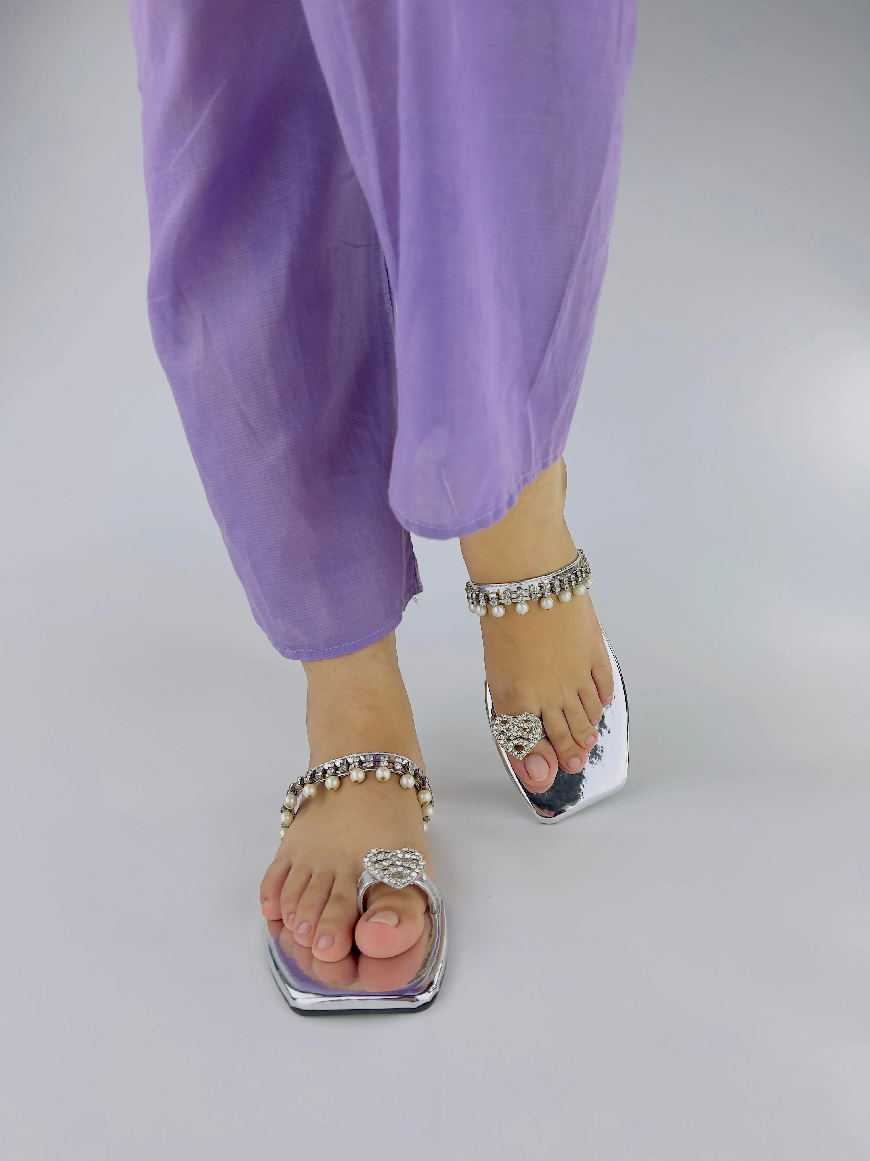 Zoe Silver Square Toe Pearl Embellishment Flat Slides-11072
