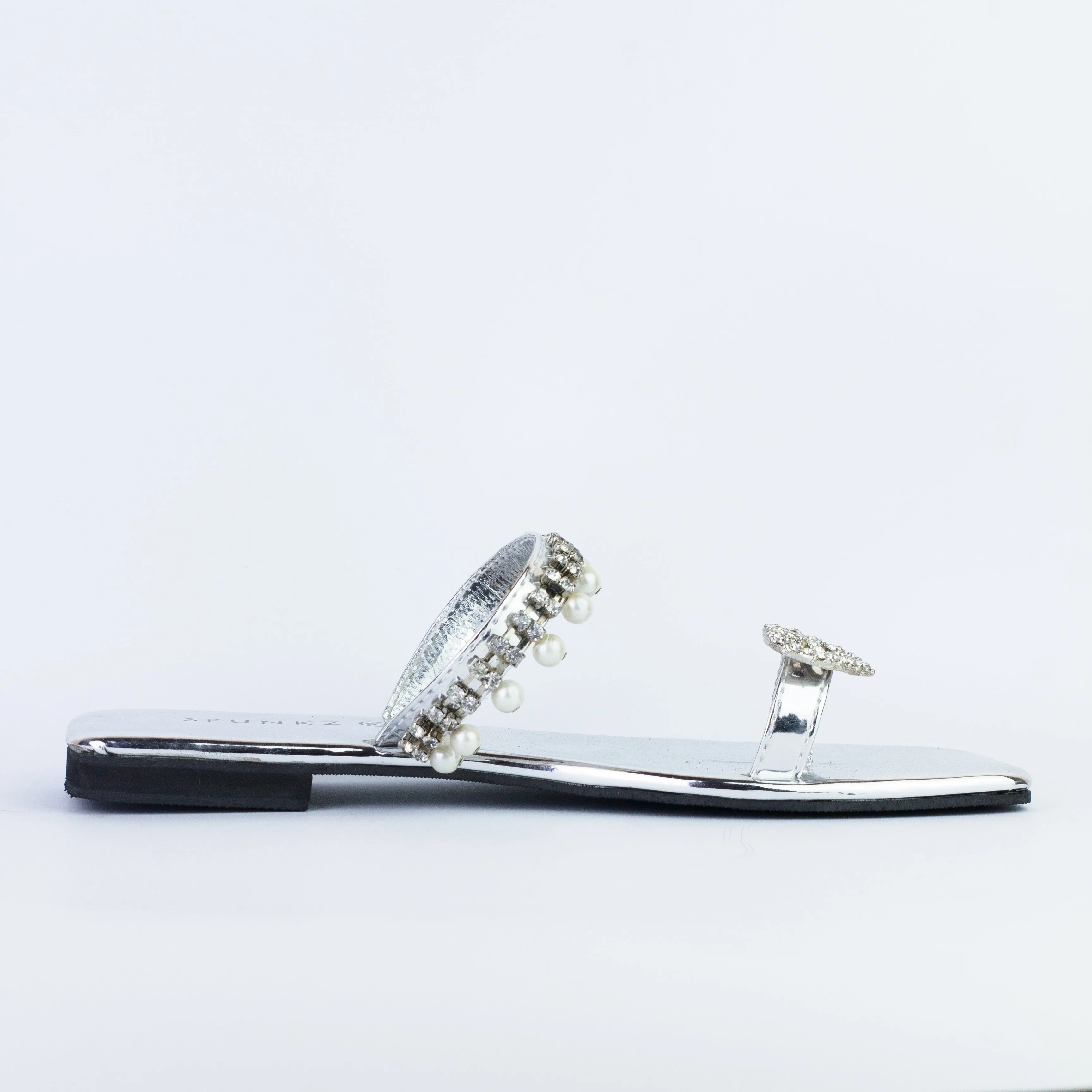 Zoe Silver Square Toe Pearl Embellishment Flat Slides-11072