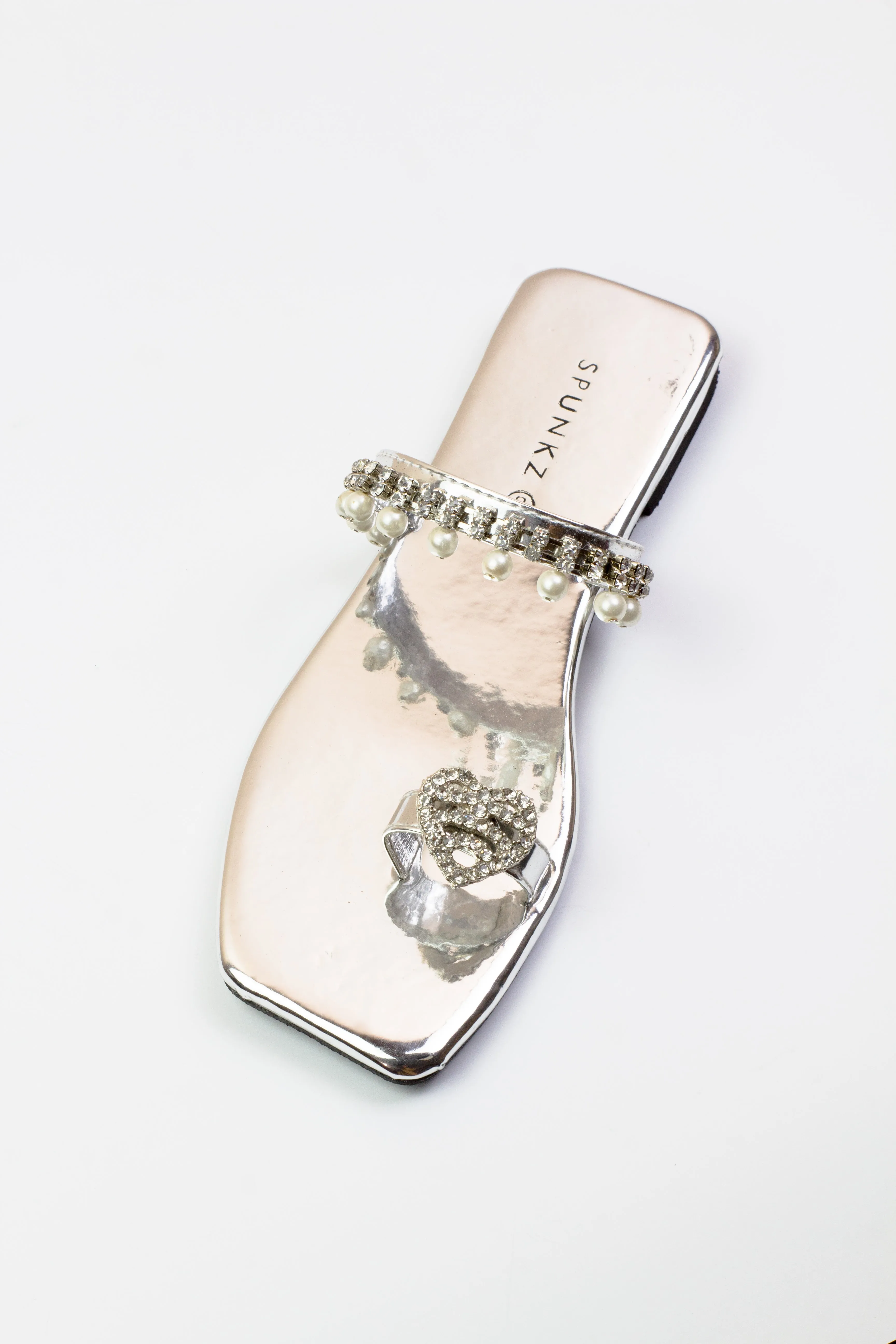 Zoe Silver Square Toe Pearl Embellishment Flat Slides-11072