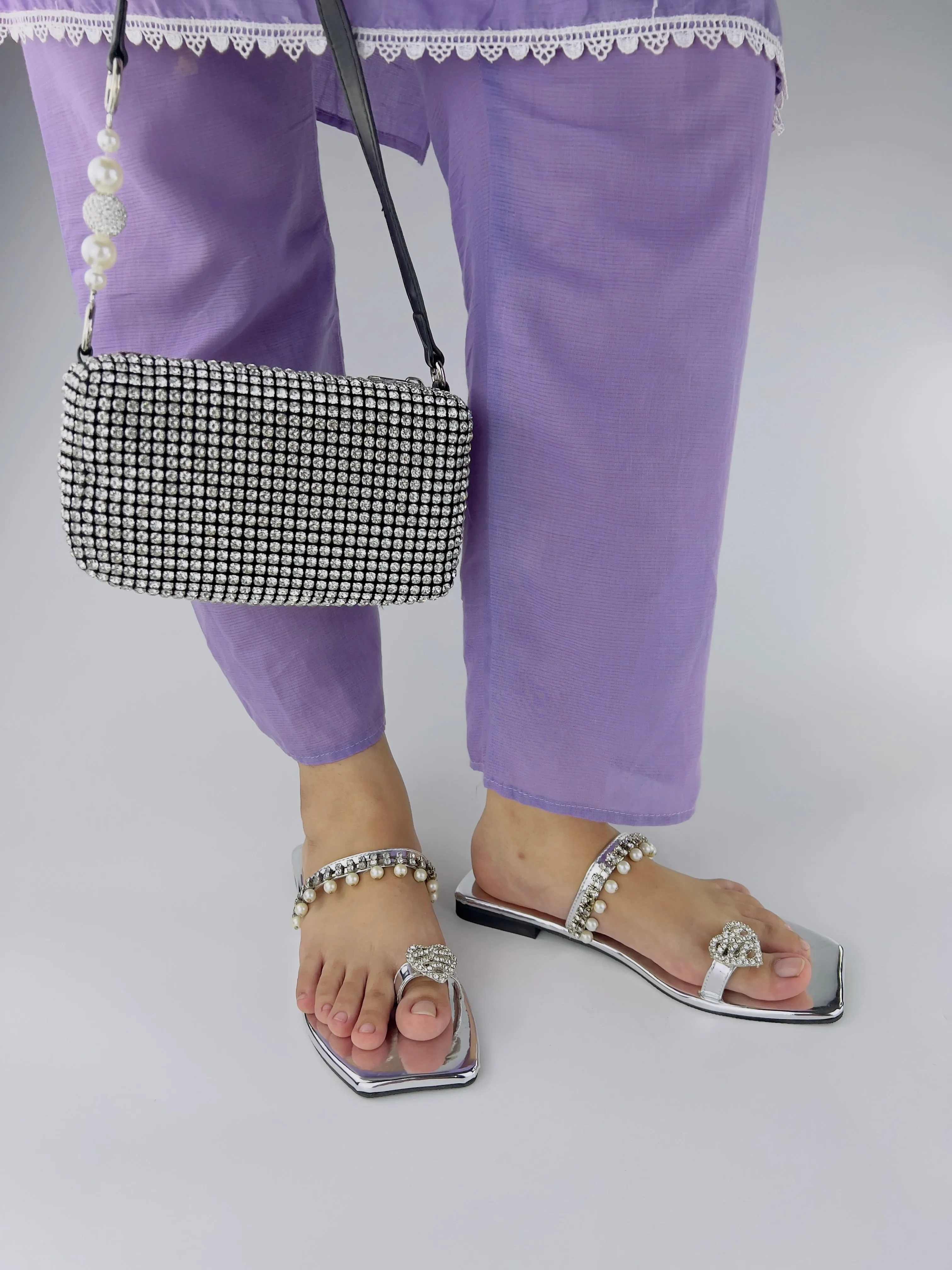 Zoe Silver Square Toe Pearl Embellishment Flat Slides-11072