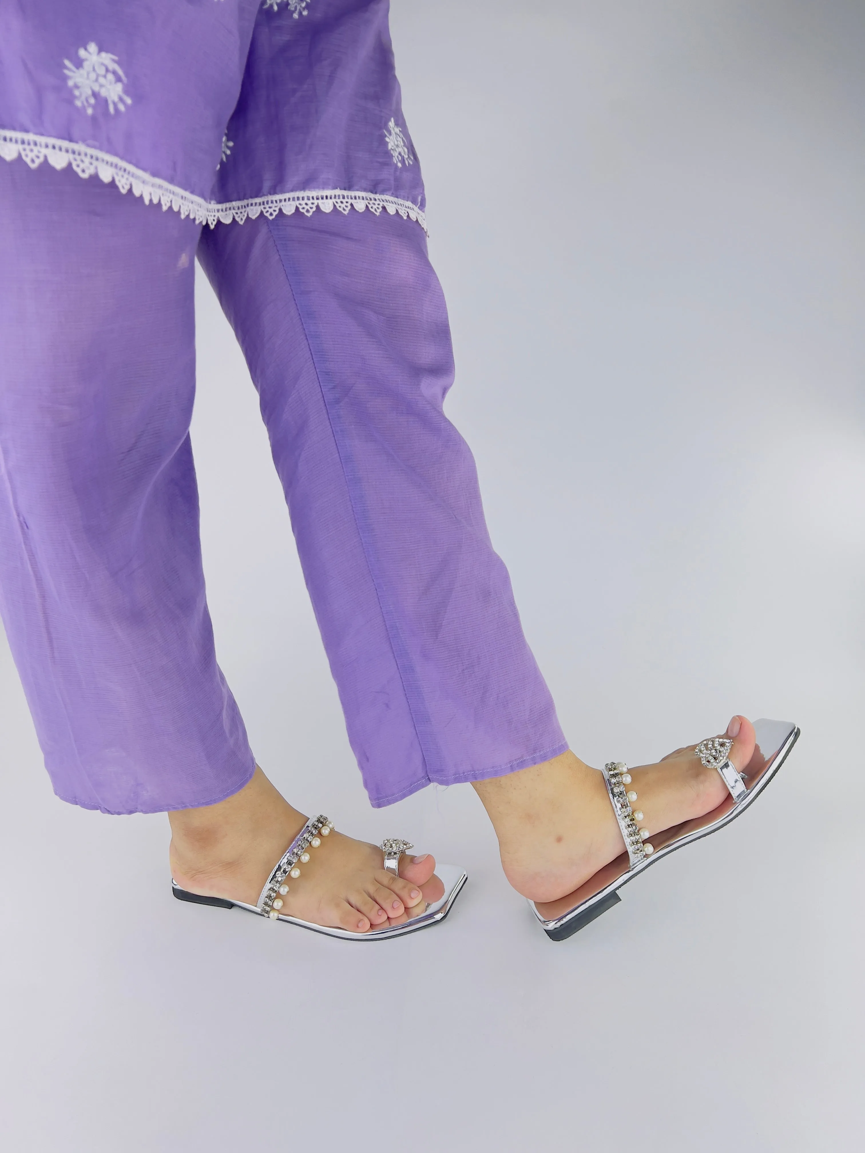 Zoe Silver Square Toe Pearl Embellishment Flat Slides-11072