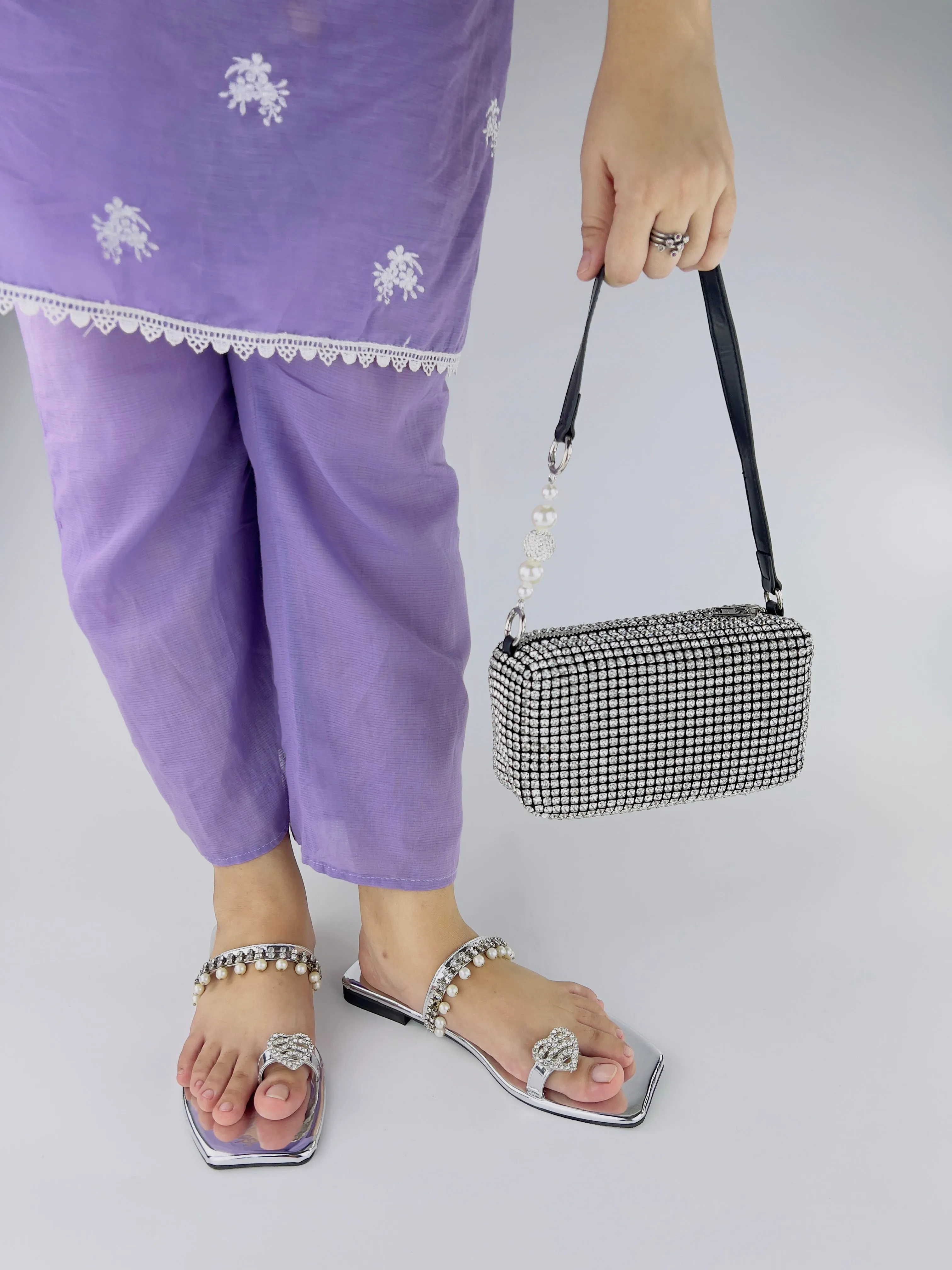 Zoe Silver Square Toe Pearl Embellishment Flat Slides-11072