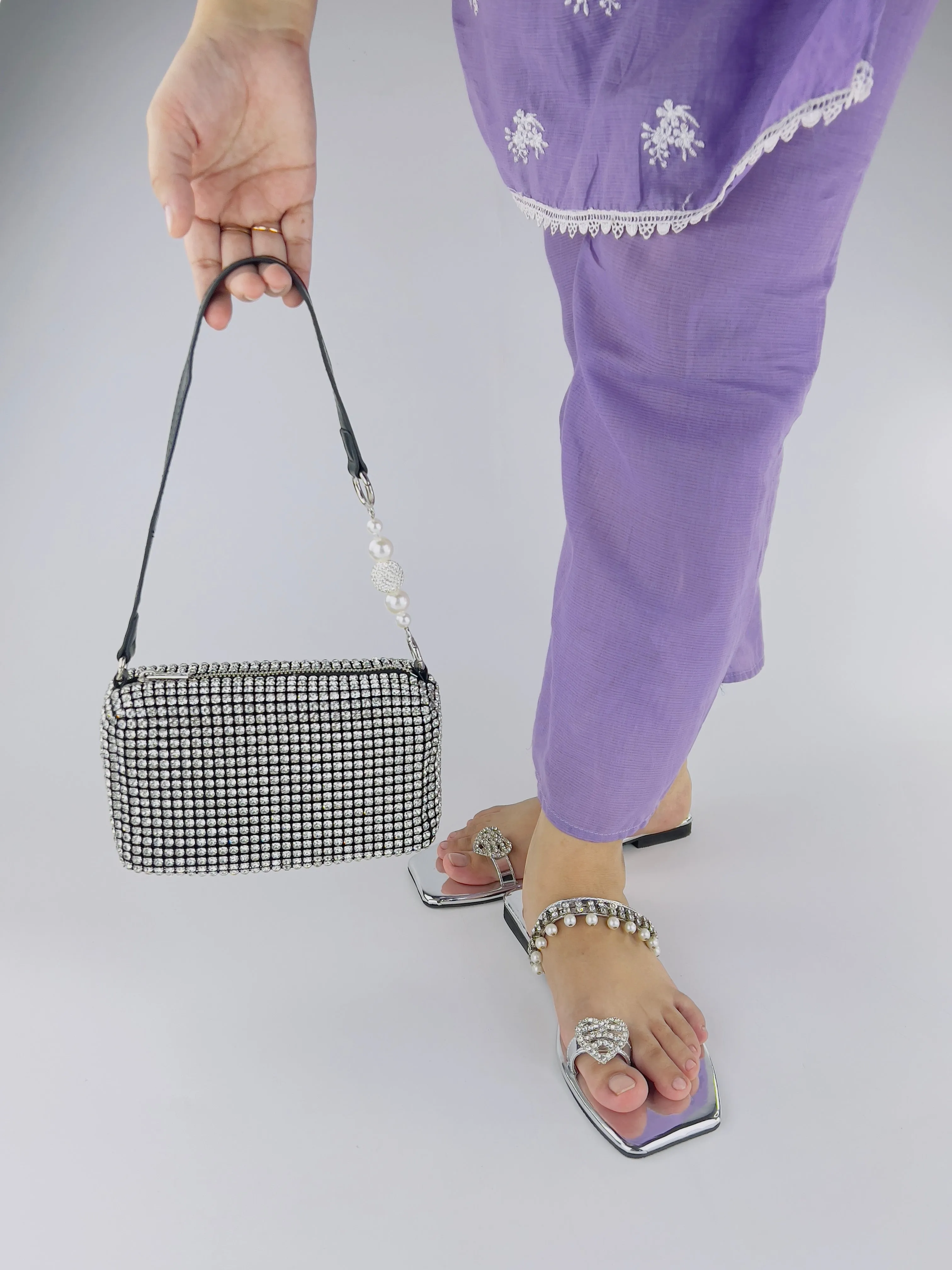 Zoe Silver Square Toe Pearl Embellishment Flat Slides-11072