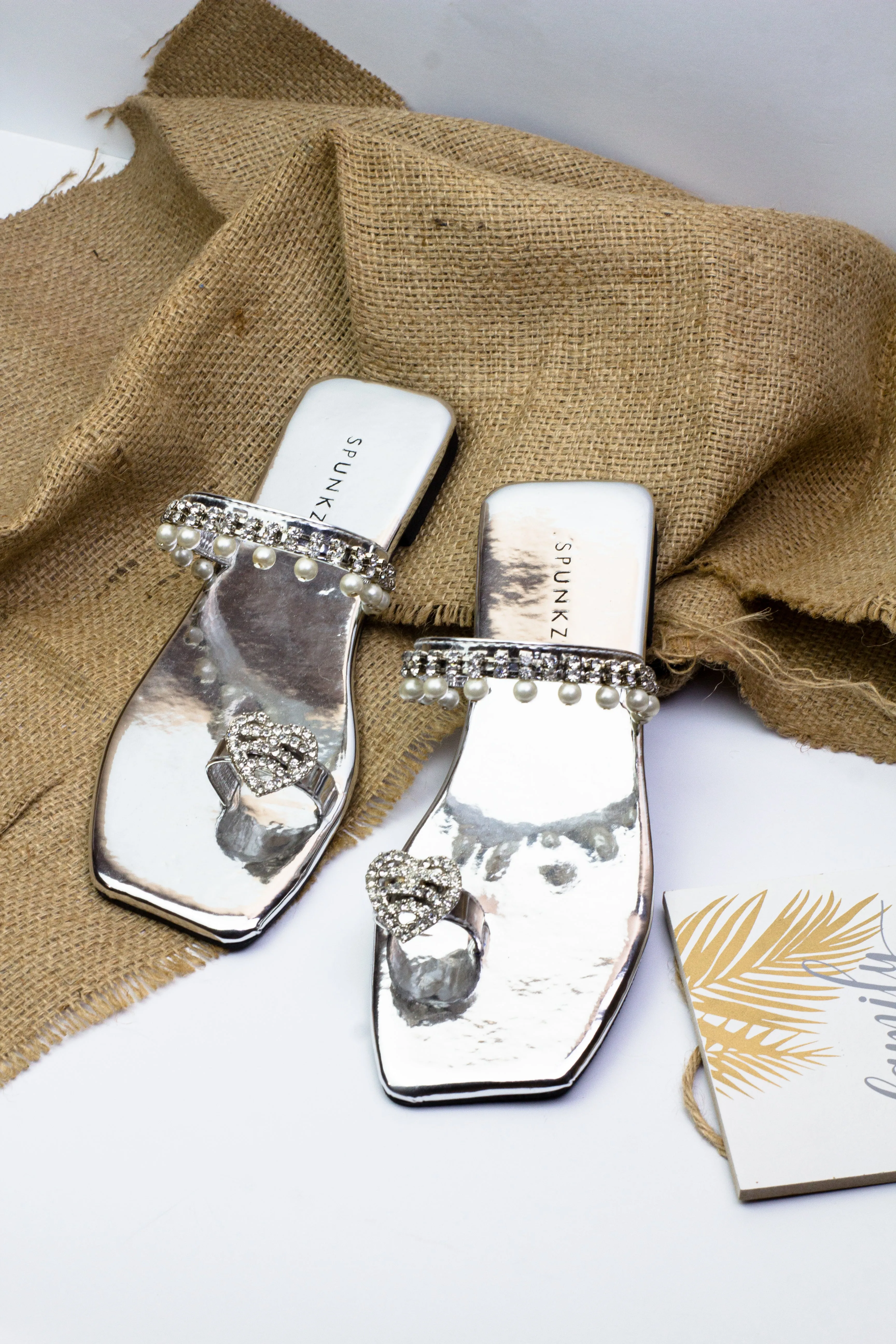 Zoe Silver Square Toe Pearl Embellishment Flat Slides-11072