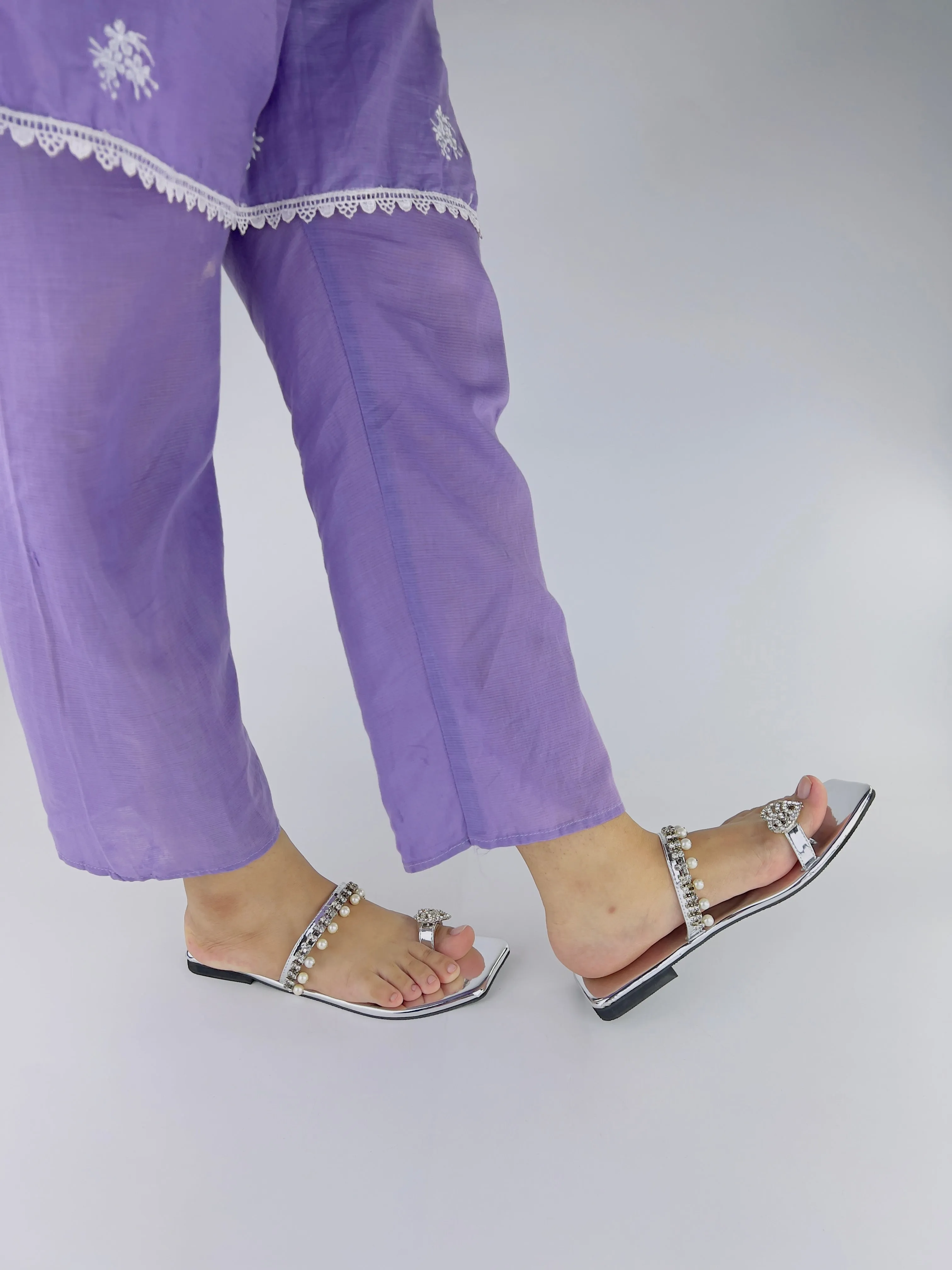 Zoe Silver Square Toe Pearl Embellishment Flat Slides-11072