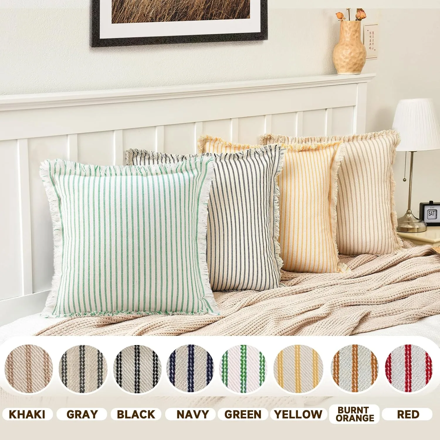 ZWJD Throw Pillow Covers 18x18 Set of 2 Green Striped Pillow Covers with Fringe Chic Cotton Decorative Pillows Square Cushion Covers for Sofa Couch Bed Living Room Farmhouse Spring Decor