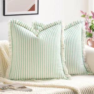 ZWJD Throw Pillow Covers 18x18 Set of 2 Green Striped Pillow Covers with Fringe Chic Cotton Decorative Pillows Square Cushion Covers for Sofa Couch Bed Living Room Farmhouse Spring Decor