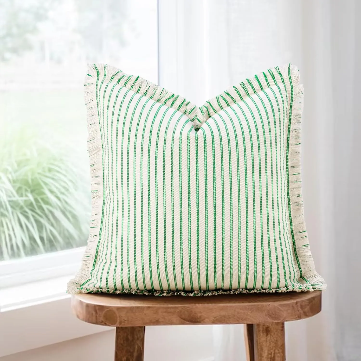 ZWJD Throw Pillow Covers 18x18 Set of 2 Green Striped Pillow Covers with Fringe Chic Cotton Decorative Pillows Square Cushion Covers for Sofa Couch Bed Living Room Farmhouse Spring Decor